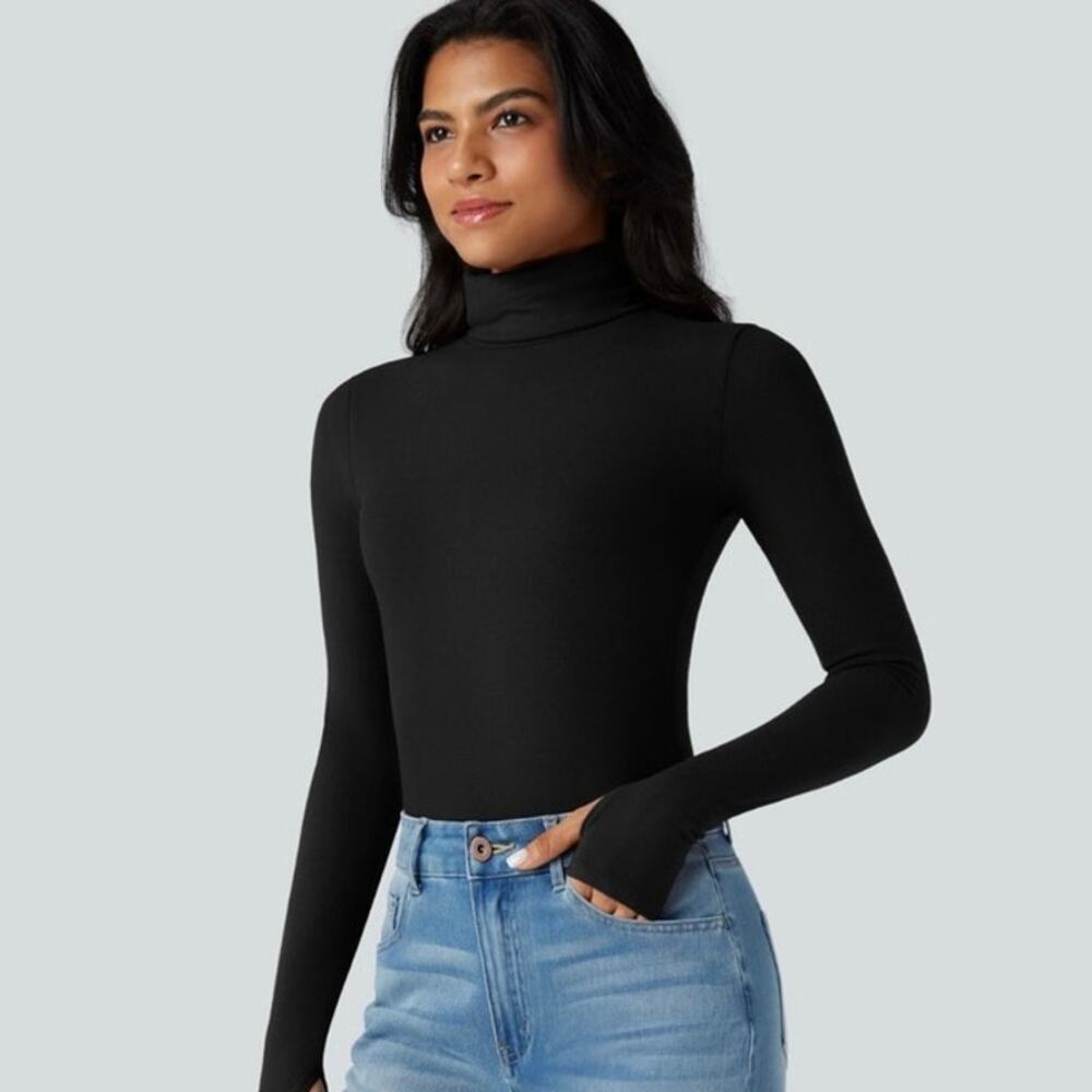 NWT Halara Womens Small Black Long Sleeve Mock Turtleneck Shirt Top Fitted S